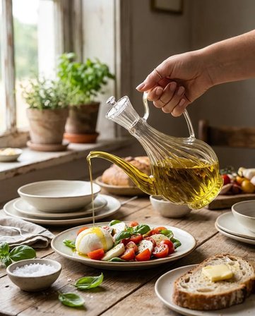 Cam Yağdanlık 750 ml Glory Çizgili Borosilikat Sirkelik – El Üretimi Yağ, Sirke ve Sos Şişesi Çizgil