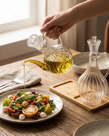 Cam Yağdanlık 750 ml Glory Çizgili Borosilikat Sirkelik – El Üretimi Yağ, Sirke ve Sos Şişesi Çizgil
