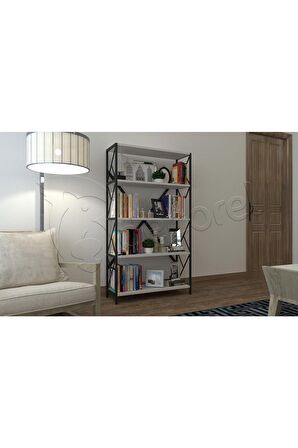 Dekoratif 5 Raflı Kitaplık Geniş Metal Kitaplık Dosya Kitap Rafı Ofis Salon Raf 90x180cm Siyah Beyaz