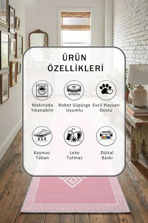 Likya Pembe Beyaz Yıkanabilir Kaymaz Taban Dijital Baskılı Yolluk Halı