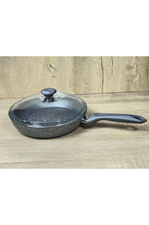Morelli 22 cm Granit Tava Cam Kapaklı Gri Mermer