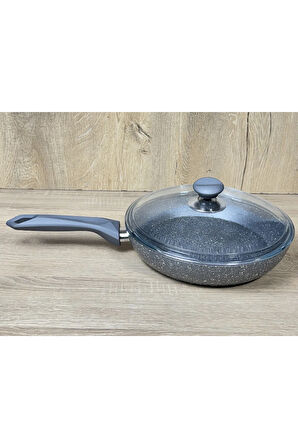 Morelli 22 cm Granit Tava Cam Kapaklı Gri Mermer