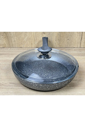 Morelli 22 cm Granit Tava Cam Kapaklı Gri Mermer