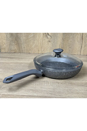 Morelli 22 cm Granit Tava Cam Kapaklı Gri Mermer