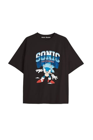 UNİSEX Bay Sonic Desenli Siyah Yazlık T-shirt