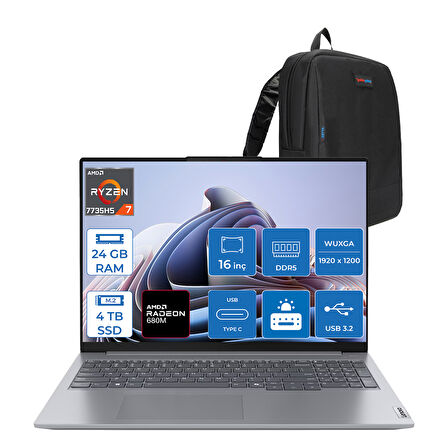 Lenovo Thinkbook 16 G7 Arp Amd Ryzen 7 7735HS 24GB Ddr5 4tb SSD Radeon 680M Graphics 16" Wuxga 300NITS IPS Freedos Taşınabilir Bilgisayar 21MW002CTRF10 + Zetta Çanta