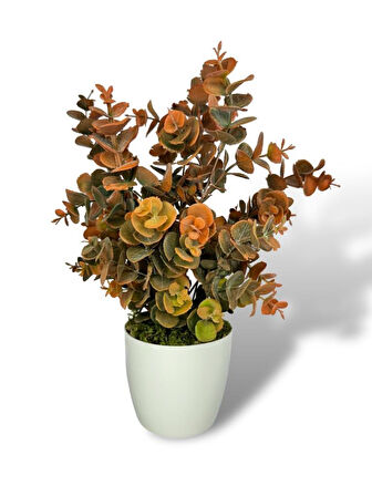 Yapay Çiçek Beyaz Saksıda Okaliptus Şimşir Demeti Pudralı Pastel Turuncu Dekoratif Yapay Bitki