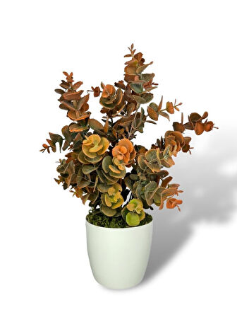 Yapay Çiçek Beyaz Saksıda Okaliptus Şimşir Demeti Pudralı Pastel Turuncu Dekoratif Yapay Bitki