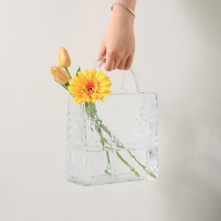 Çanta Vazo Köşeli Model Cam Çiçek Vazosu Dekoratif Şeffaf Vazo Büyük Boy Glass Bag Vase