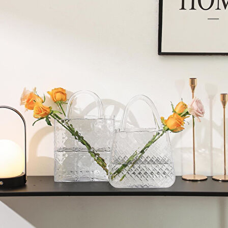 Çanta Vazo Köşeli Model Cam Çiçek Vazosu Dekoratif Şeffaf Vazo Büyük Boy Glass Bag Vase