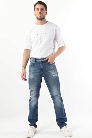 Erkek Yırtık Detaylı Jean Pantolon Mavi