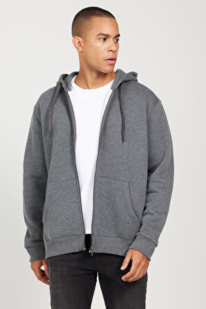 Erkek Antrasit-melanj Standart Fit Normal Kesim Kapüşonlu Fermuarlı Sweatshirt Ceket