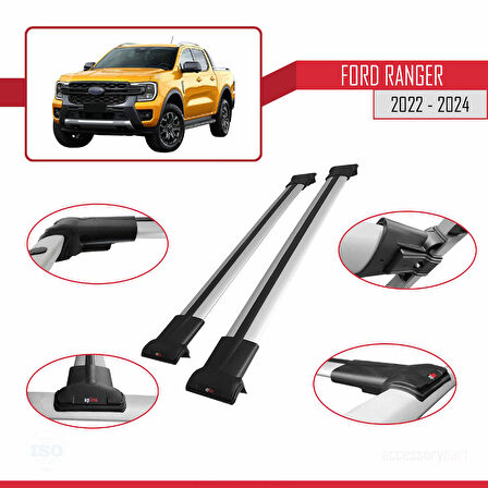 Ford Ranger (P703) 2022-2024 Arası ile Uyumlu FLY Model Ara Atkı Tavan Barı Gri 2 Adet