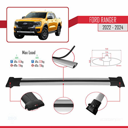 Ford Ranger (P703) 2022-2024 Arası ile Uyumlu FLY Model Ara Atkı Tavan Barı Gri 2 Adet