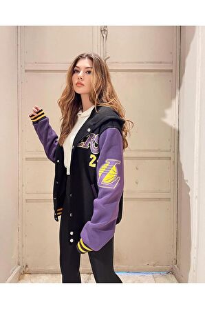 Oversize Siyah Kollar Mor Lakers Kolej Ceket