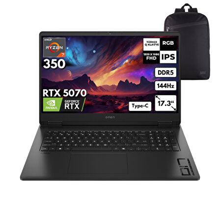 HP Omen 17-DB1005NT Ryzen AI 7-350 64-GBDDR5 2 TBSSD RTX5070 (8GB-GDDR7) 17.3" FHD 144Hz Windows 11 Pro + HMF Sırt Çantası C67G2EAHMF18