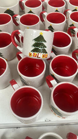 Yılbaşı Çam Ağacı Temalı Kırmızı Beyaz Renk Çay Kahve Fincanı Kupa Mug El Yapımı