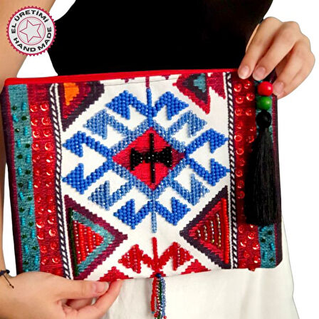 Uretti - Sümeyya 2589 2333 El Yapımı Etnik Kilim Desen Boncuk İşlemeli Siyah Püsküllü Clutch Çanta