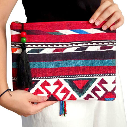 Uretti - Sümeyya 2589 2333 El Yapımı Etnik Kilim Desen Boncuk İşlemeli Siyah Püsküllü Clutch Çanta