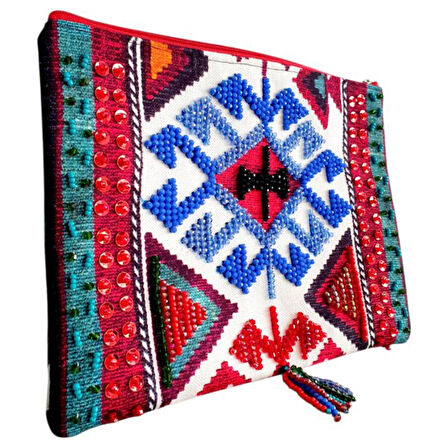 Uretti - Sümeyya 2589 2333 El Yapımı Etnik Kilim Desen Boncuk İşlemeli Siyah Püsküllü Clutch Çanta