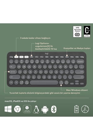 920-011859 K380S Pebble Keys 2 Bluetooth Siyah Kablosuz Klavye