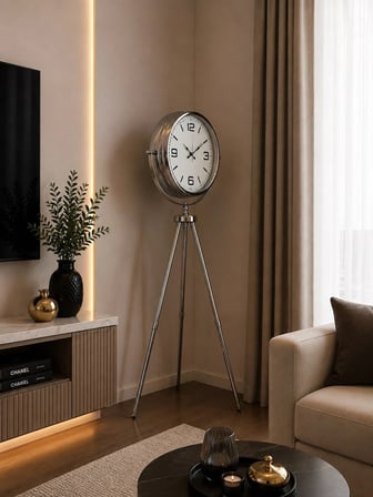 Krom Modern 150 x 45 Cm Metal Tripod Ayaklı Saat iegxx