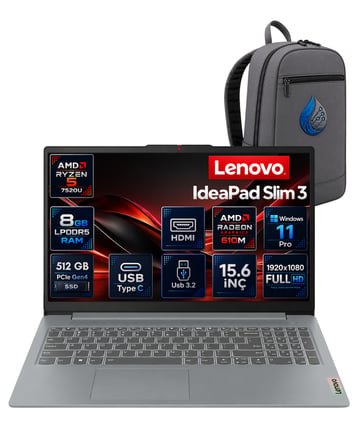 Lenovo IdeaPad Slim 3 15AMN8 AMD Ryzen 5 7520U 8 GB LPDDR5 512 GB SSD Radeon 610M 15.6'' Full HD Windows 11 Pro Dizüstü Bilgisayar 82XQ00RWTXRNP01