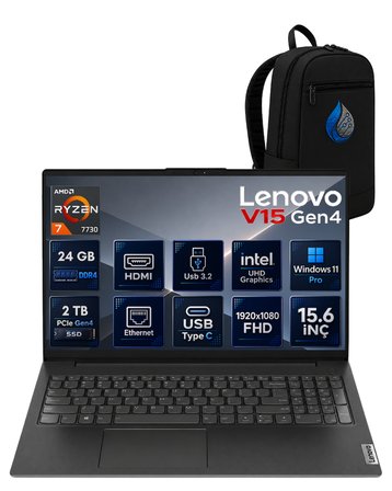 Lenovo V15 G4 IRU 82YY0013TRRNP07 AMD Ryzen 7 7730 24 GB DDR4 RAM 2 TB NVMe SSD AMD Radeon Graphics Windows 11 Pro 15.6" FHD (1920x1080) Notebook Laptop Bilgisayar + Çanta