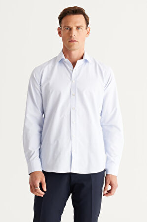 Erkek Beyaz-Mavi Comfort Fit Rahat Kesim Klasik Yaka Kareli Pamuklu Gömlek
