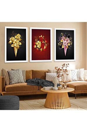 GOLD AYNALI PLEKSİ ÇERÇEVELİ MODERN BEYAZ GRİ ÇİÇEK DESENLİ SOYUT ÇİZİM TABLO