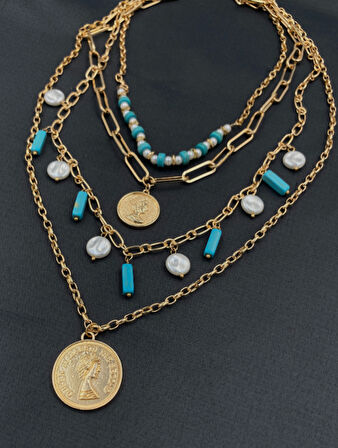 Çelik Gold Renk Turkuaz Doğal Taşlı Çoklu Kadın Kolye