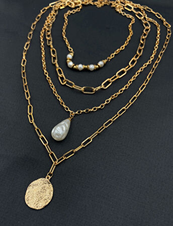 Çelik Gold Renk İncili Şık Çoklu Kadın Kolye