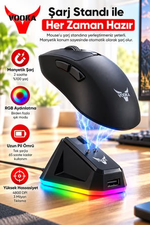 VKC5 Kablosuz Gaming Mouse – Manyetik RGB Şarj Standlı, 4800 DPI, Bluetooth + 2.4G + Kablolu, 6 Tuşlu Oyuncu Mouse