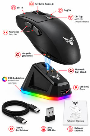 VKC5 Kablosuz Gaming Mouse – Manyetik RGB Şarj Standlı, 4800 DPI, Bluetooth + 2.4G + Kablolu, 6 Tuşlu Oyuncu Mouse