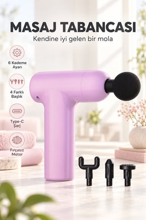 Profesyonel Masaj Tabancası Şarjlı Massage Gun Mini Sporcu Masaj Aleti Fırçasız Motor 6 Kademe Type-C Derin Doku Boyun Sırt Omuz Bel Bacak Kas 4 Başlıklı