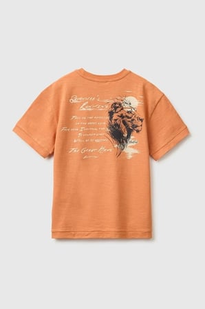 United Colors of Benetton Erkek Çocuk Turuncu Arkası Baskı Detaylı Bisiklet Yaka T-Shirt 6-14 Yaş 