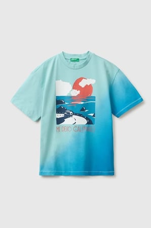 United Colors of Benetton Erkek Çocuk Turkuaz Mix Önü Baskı Detaylı Bisiklet Yaka T-Shirt 6-14 Yaş 