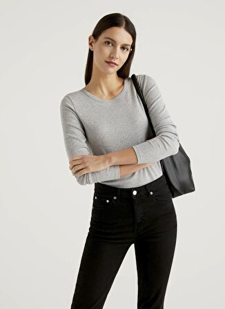 Benetton Bisiklet Yaka Gri Melanj Kadın T-Shirt