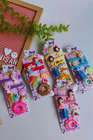 Donut Detaylı  5 parça Kız Çocuk Toka Seti (2 Adet Lastik Toka , 3 Adet Pens Toka )