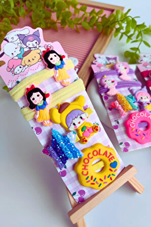 Donut Detaylı  5 parça Kız Çocuk Toka Seti (2 Adet Lastik Toka , 3 Adet Pens Toka )