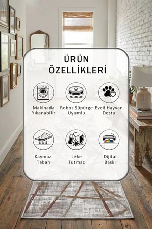 Yıkanabilir Kaymaz Asrın Dijital Baskılı Yolluk Halı Tüy Tutmaz Açık Gri