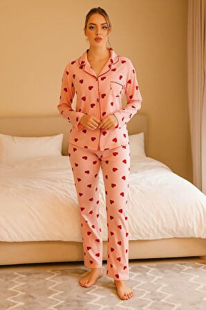 Kadın Gömlek Yaka Önden Düğmeli Saten Biyeli Göğüs Cepli İnce Süet Kışlık Uzun Kol Pijama Takımı