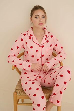 Kadın Gömlek Yaka Önden Düğmeli Saten Biyeli Göğüs Cepli İnce Süet Kışlık Uzun Kol Pijama Takımı