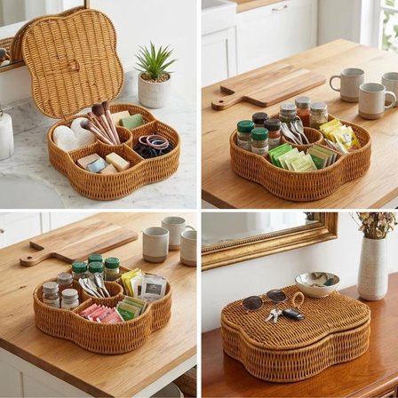 İpek Yıldızı® Kapaklı 5 Bölmeli Plastik Rattan Organizer Kutu – Hasır Desenli Çok Amaçlı Saklama ve Sunum Sepeti Çerezlik