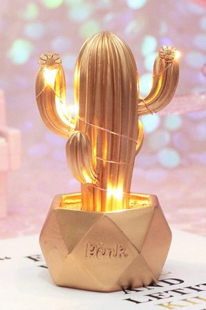 İpek Yıldızı® Led Işıklı Sevimli Kaktüs Dekoratif Masa Lambası Mini Biblo Gece Lambası-GOLD