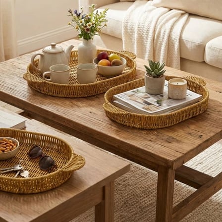 İpek Yıldızı® İç İçe Geçebilen 3’lü Oval Plastik Rattan Tepsi Seti–Hasır Görünümlü Çok Amaçlı Servis ve Sunum Tepsileri