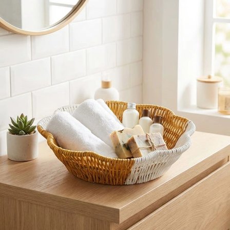 İpek Yıldızı® Çiçek Model Çift Renkli Plastik Rattan Ekmek ve Meyve Sepeti - Çok Amaçlı Banyo ve Mutfak Düzenleyici - Yıkanabilir Organizer