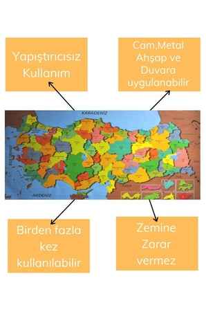 İpek Yıldızı® Renkli Türkiye Haritası Manyetik Yapıştırıcı Gerektirmeyen Duvar Stickerı 118 CM * 56 CM