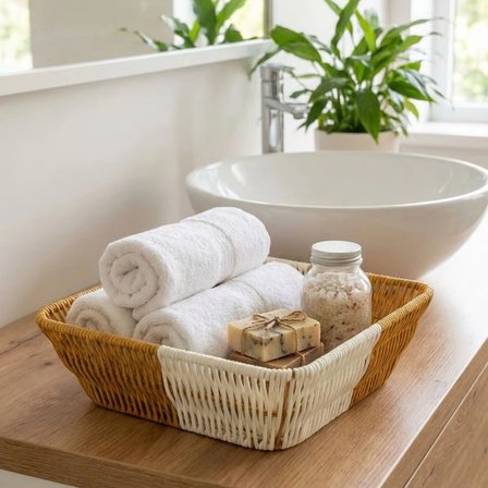 İpek Yıldızı® Kare Çift Renkli Plastik Rattan Ekmek ve Meyve Sepeti - Çok Amaçlı Banyo ve Mutfak Düzenleyici - Yıkanabilir Tezgâh Üstü Organizer