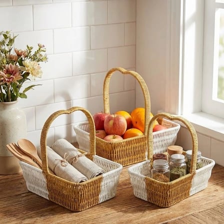 İpek Yıldızı® İç İçe Geçebilen 3’lü Çift Renkli Dikdörtgen Formlu Kalp Saplı Plastik Rattan Sepet Seti – Hasır Görünümlü Çok Amaçlı Organizerler